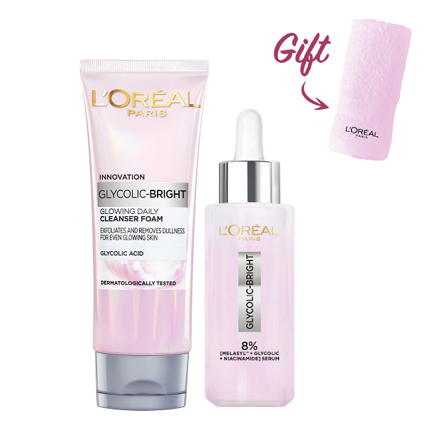 L'oreal Skin Expert - Glycolic Bright Brightening Face Serum & Glowing Cleanser Foam Bundle