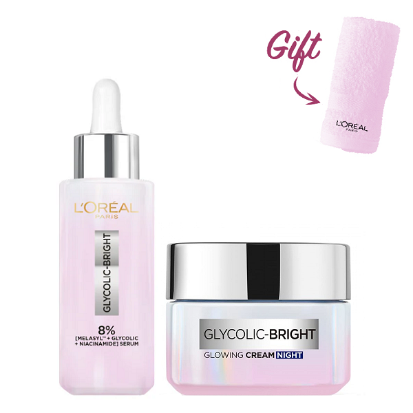 L'oreal Skin Expert - Glycolic Bright Brightening Face Serum & Night Cream Bundle