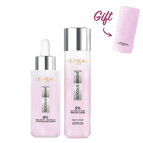 L'oreal Skin Expert - Glycolic Bright Brightening Face Serum & Peeling Toner Bundle