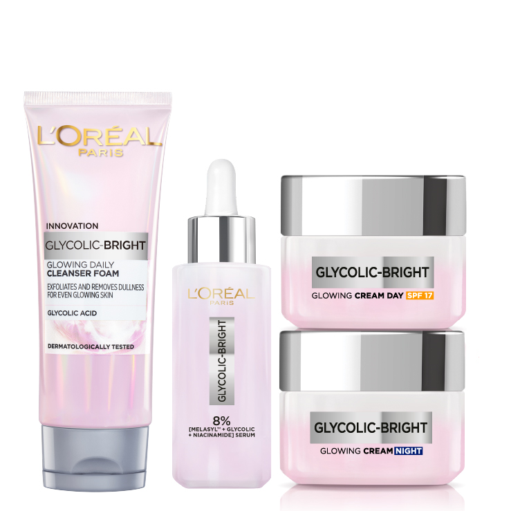 L'oreal Skin Expert - Glycolic Bright Cleanser Foam, Brightening Serum, Day Cream & Night Cream Bundle