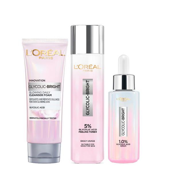 L'oreal Skin Expert - Glycolic Bright Cleanser Foam, Peeling Toner & Glowing Serum Bundle