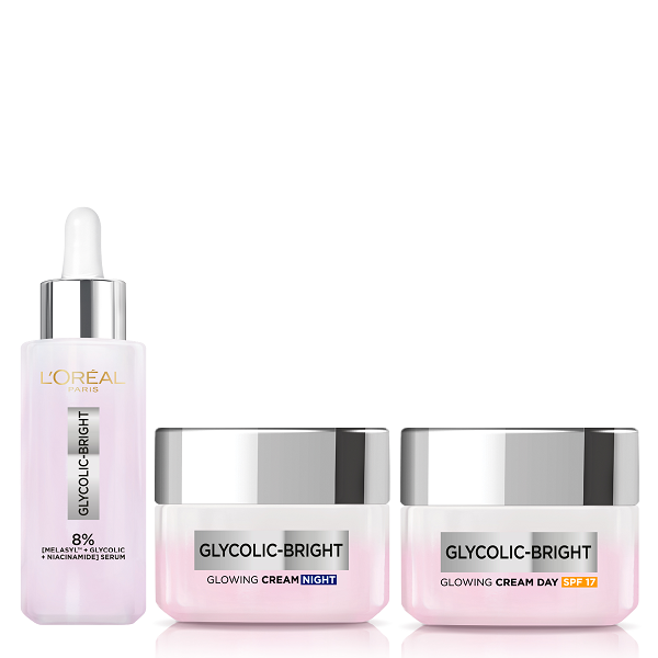 L'oreal Skin Expert - Glycolic Bright Serum, Day Cream & Night Cream Bundle