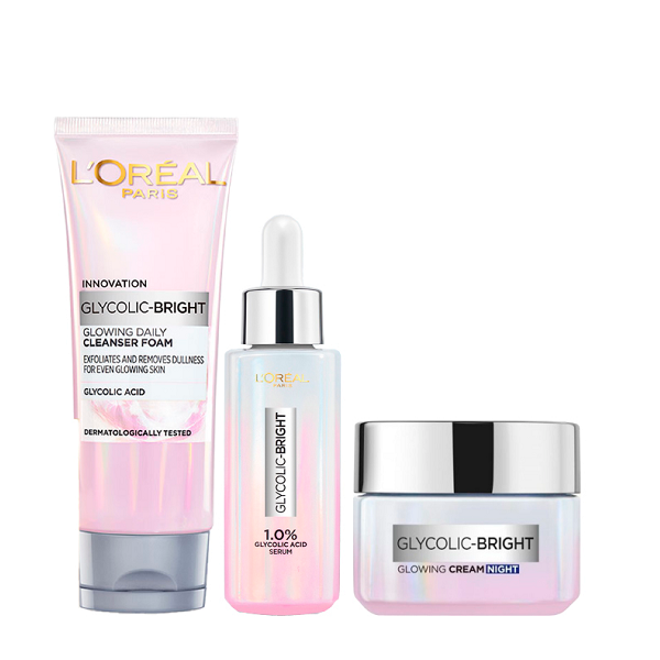 L'oreal Skin Expert - Glycolic Bright Cleanser Foam, Glowing Serum & Night Cream Bundle