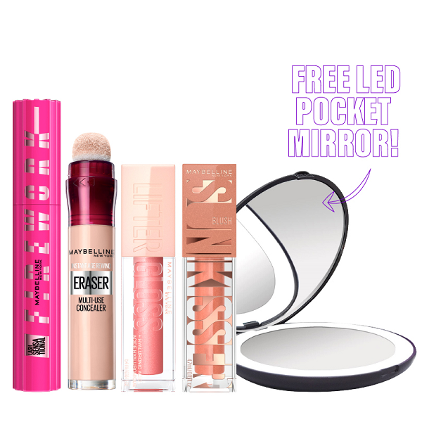 Maybelline - Firework Mascara, Eraser Concealer, Lifter Gloss & SunKisser Liquid Blush Bundle