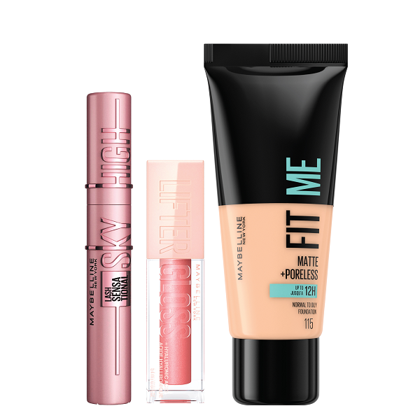 Maybelline - Fit Me Foundation, Lifter Gloss & Sky High Mascara Bundle