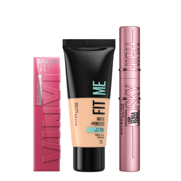 Maybelline - Fit Me Foundation, Vinyl Ink Lipstick & Sky High Mascara Bundle