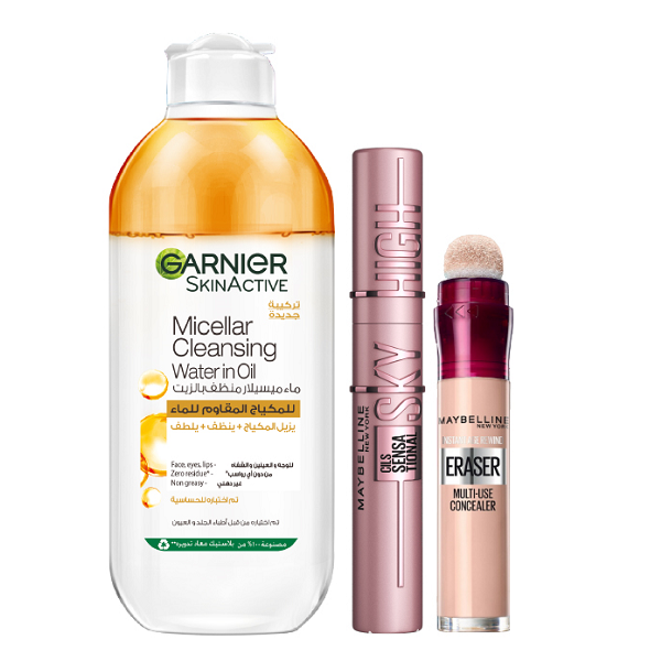 Maybelline Instant Age Rewind Eraser Concealer, Sky High Mascara & Garnier Micellar Oil Infused Cleansing Water Bundle