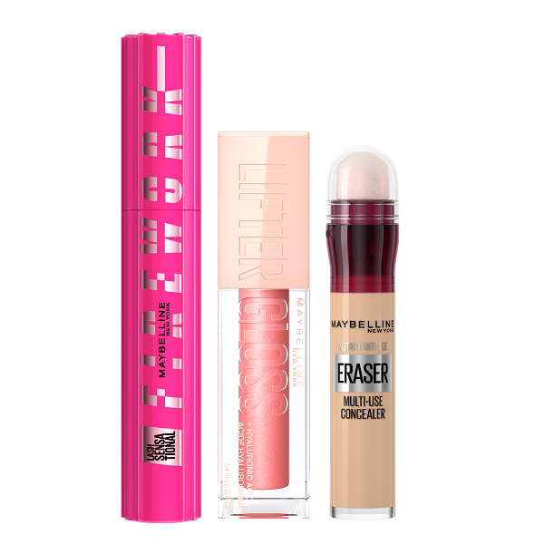 Maybelline - Lash Sensational Firework Mascara, Eraser Multi Use Concealer & Lifter Gloss Bundle