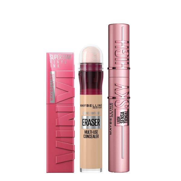 Maybelline - Lash Sensational Sky High Mascara, Instant Age Earser & Super Stay Vinyl Ink Lipstick Bundle