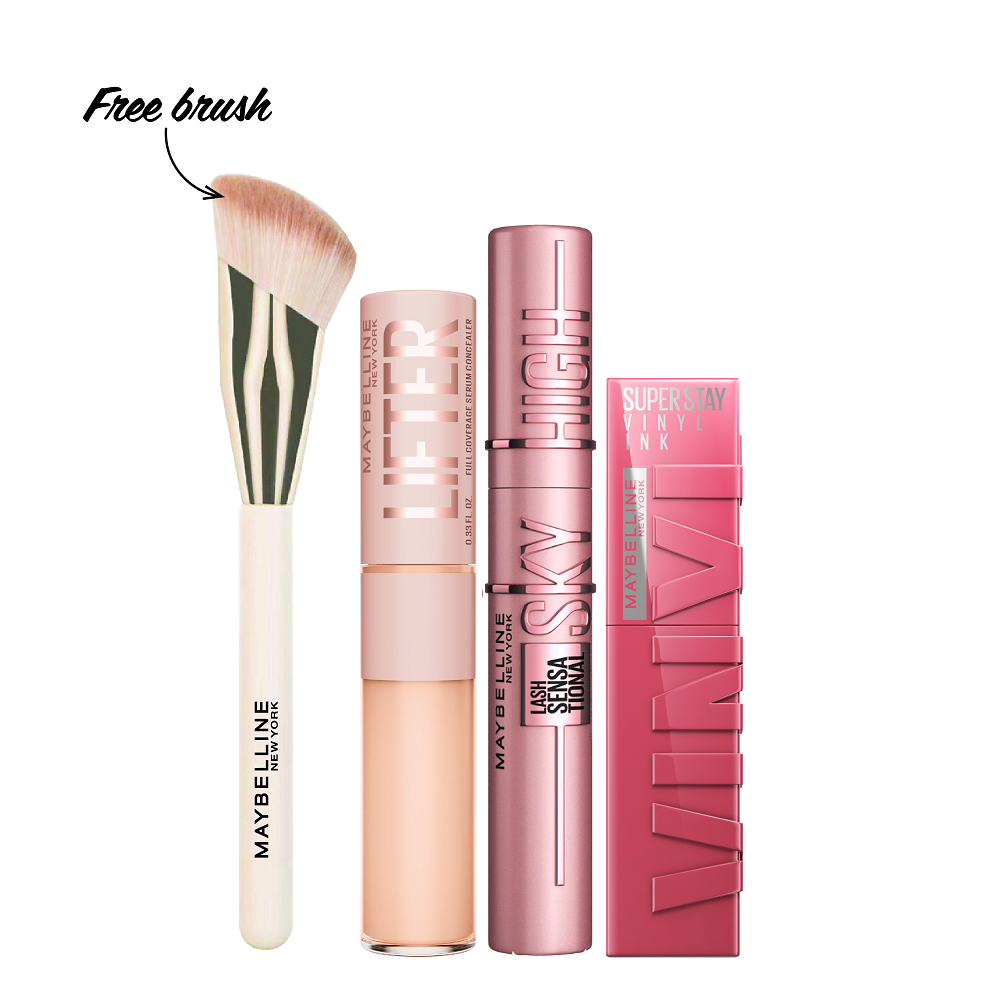 Maybelline - Lifter Concealer Serum, Vinyl Ink Lipstick & Sky high Mascara Bundle