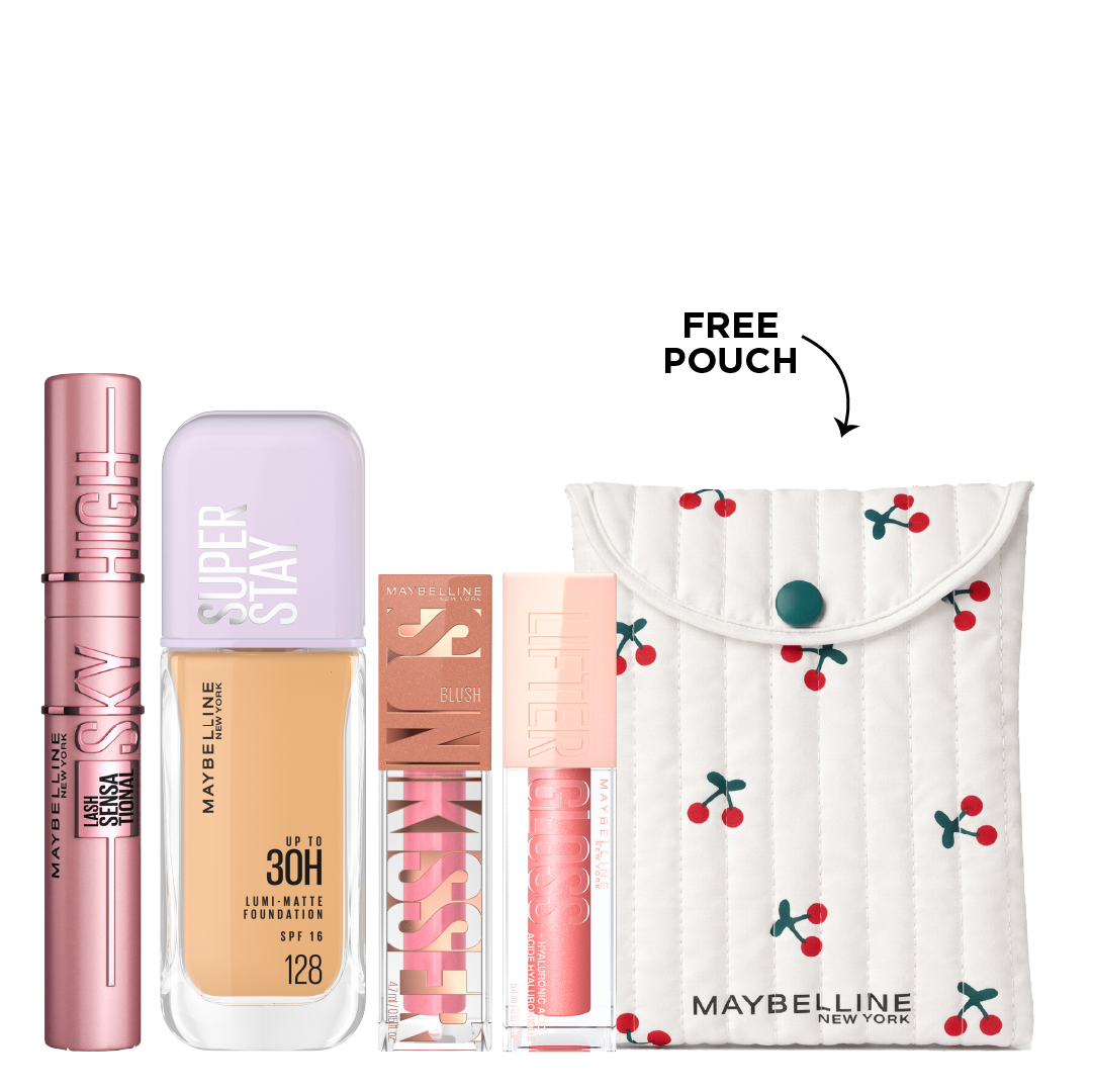 Maybelline - Lifter Gloss, Super Stay Lumi Matte Foundation, Lash Sensational Sky High Mascara & SunKisser Hazy Matte Liquid Blush Bundle