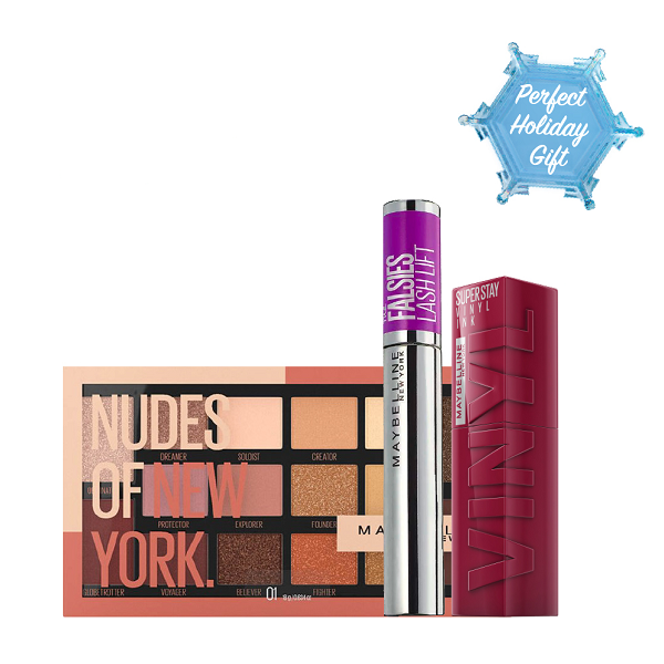 Maybelline - Nudes Of New York Palette, Falsies Lash Lift Mascara & Super Stay Vinyl Ink Lipstick Bundle