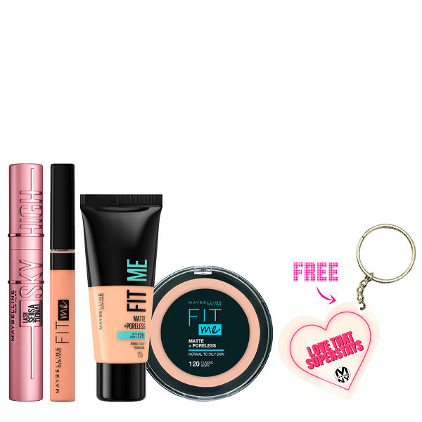 Maybelline - Sky High Mascara, Fit Me Concealer, Fit Me Foundation & Fit Me Powder Bundle