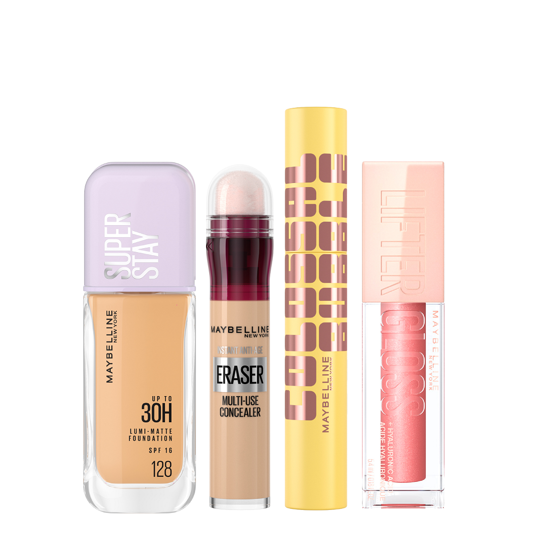 Maybelline - Super Stay Lumi Matte Foundation, Eraser Multi Use Concealer, Colossal Bubble Mascara & Lifter Gloss Bundle