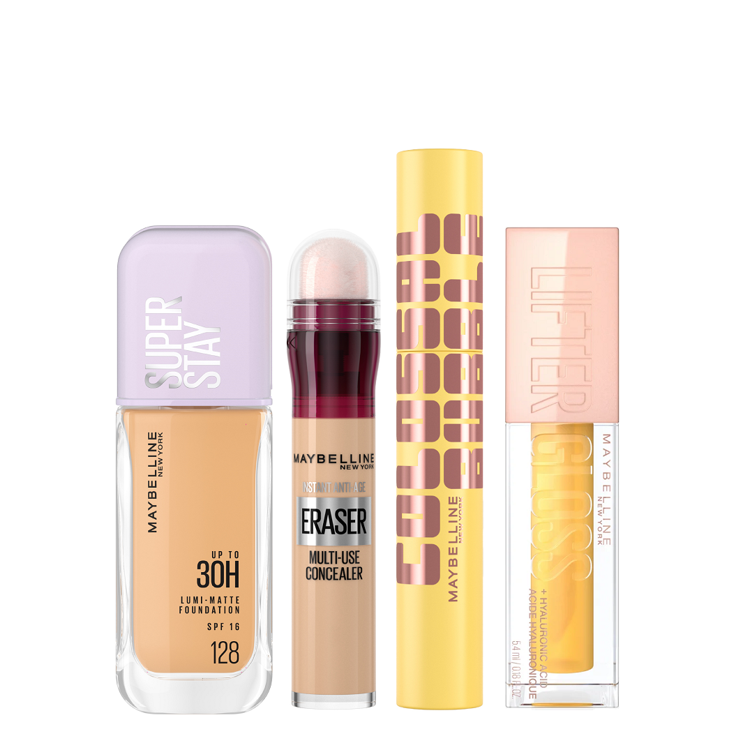 Maybelline - Super Stay Lumi Matte Foundation, Eraser Multi Use Concealer, Colossal Bubble Mascara & Lifter Gloss Honey Bundle