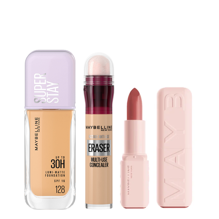 Maybelline - Moisturizing Serum Lipstick Satin, Age Rewind Eraser Concealer & Lumi Matte Foundation Bundle