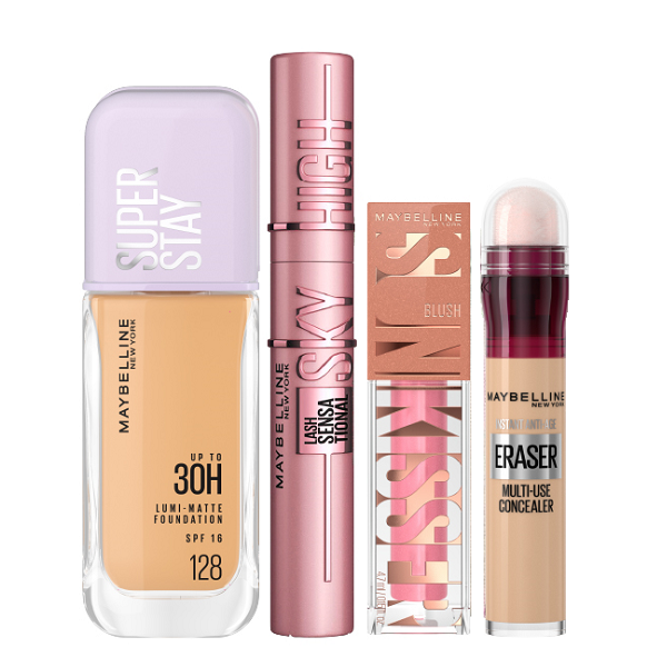 Maybelline - Super Stay Lumi Matte Foundation, Sky High Mascara, Sunkisser Blush & Eraser Concealer Bundle