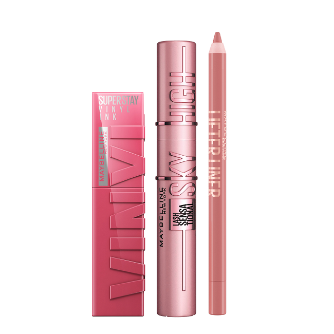 Maybelline - Super Stay Vinyl Ink Lipstick, Lifter Liner & Sky High Mascara Black Bundle