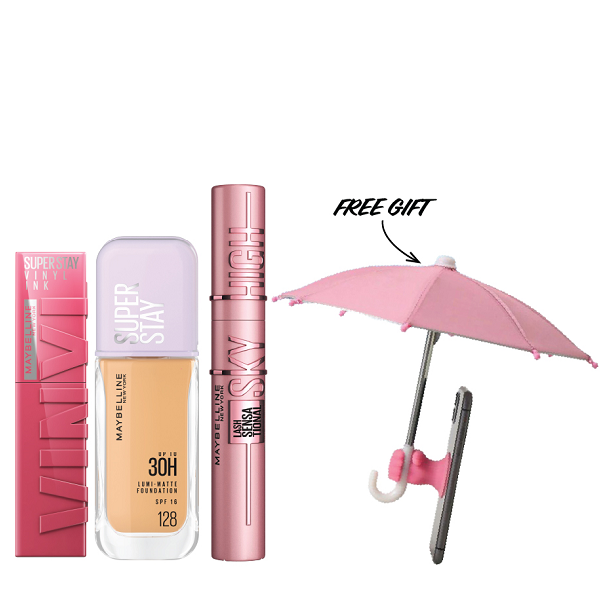 Maybelline - Super Stay Vinyl Ink, Lumi Matte Foundation & Sky High Mascara Bundle