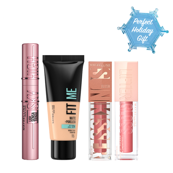 Maybelline - lash Sensational Sky High Mascara, Sun Kisser Blush, Lifter Gloss & Fit Me Foundation Bundle