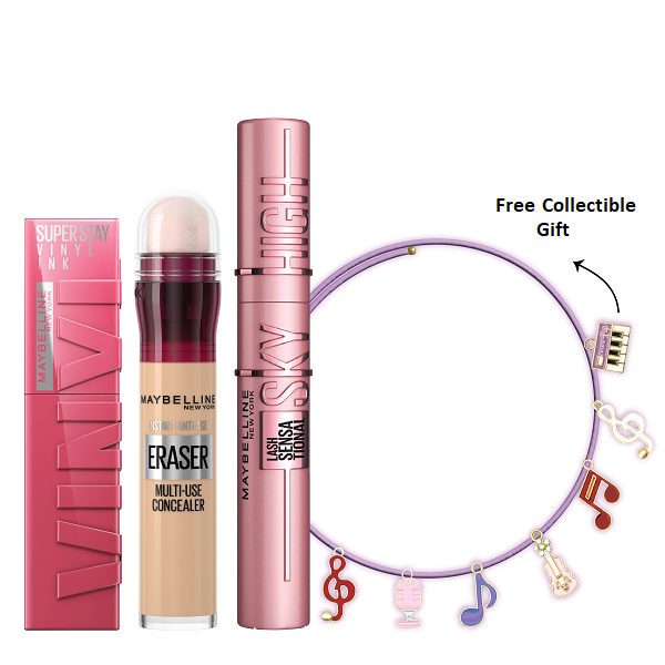 Maybelline - Lash Sensational Sky High Mascara, Instant Age Earser & Super Stay Vinyl Ink Lipstick Bundle