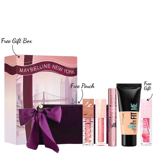 Maybelline - SunKisser Liquid Blush, Fit Me Foundation, Lifter Gloss & Sky High Mascara Bundle