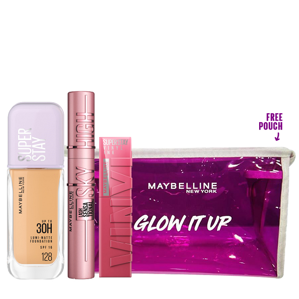 Maybelline - Super Stay Vinyl Ink, Lumi Matte Foundation & Sky High Mascara Bundle