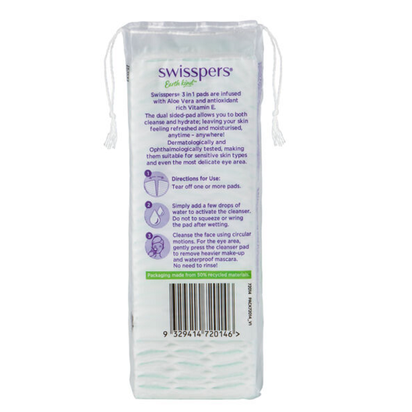 Swisspers - 3 In 1 Cleanser Infused Pad With Aloe Vera & Vitamin E Earth Kind